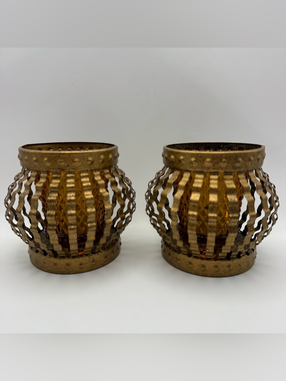 Vintage Amber Diamond Point Glass Votive Candle Holders in Metal Cages– Set of 2
